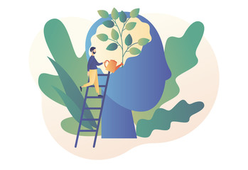 Graphic image of a man climbing atop a ladder to water a plant growing inside a person's mind to represent the topic of Personal Development.