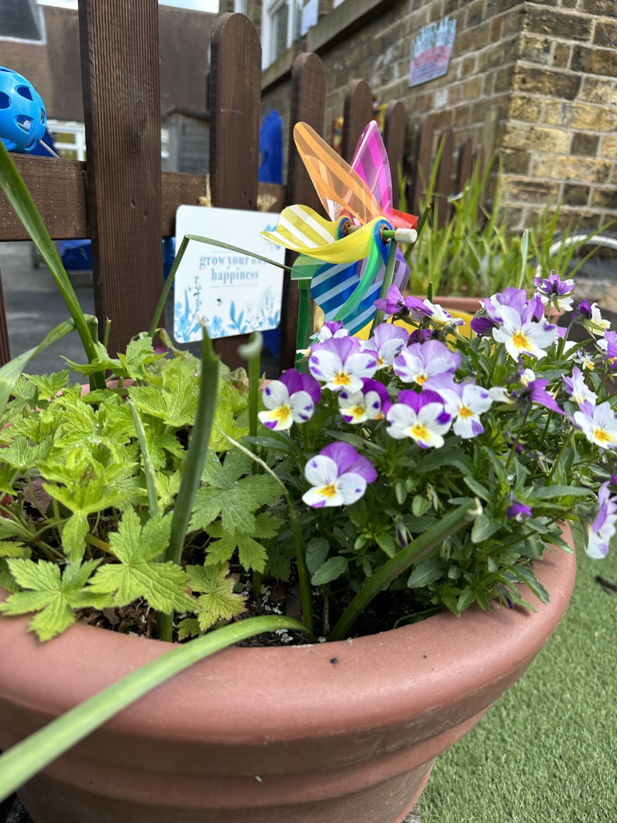 An image of a flower pot with flowers and a windmill in it