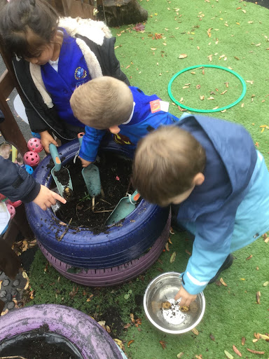 Nursery pupils are seen learning about Harvest and Farming by playing with some soil with spades in a tyre ring.