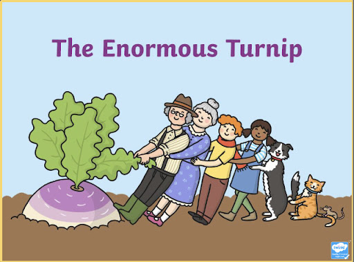 A graphic cartoon of four people, a Dog and a Cat trying to pull up a Turnip from the ground. The words 'The Enormous Turnip' are shown at the top.