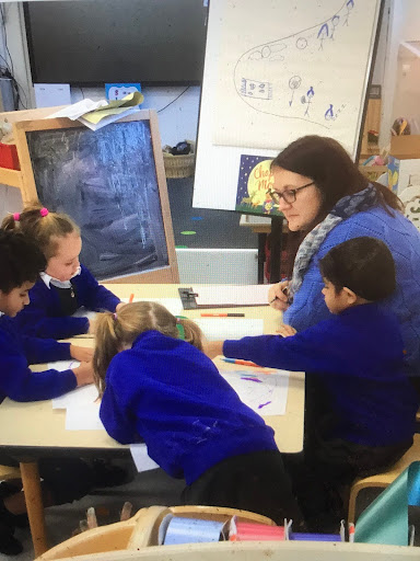 A small group of Nursery pupils are seen sat together at a table, drawing pictures on paper, whilst under the supervision of an adult member of staff.