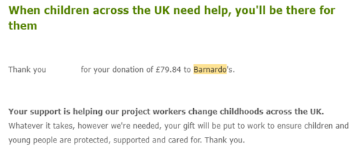 Thank you message to Dartford Primary Academy for their donation to the charity Barnardo's.