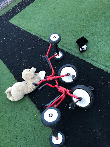 A soft toy Dog is seen laying on the ground in an outdoor play area, alongside a kids' tricycle.