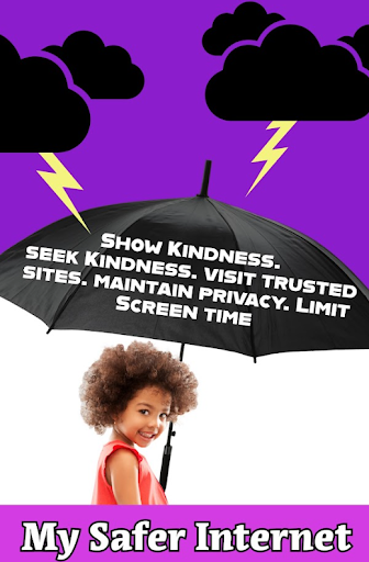 A graphic of a young girl, holding up an umbrella to shelter from stormy weather, smiling for the camera.