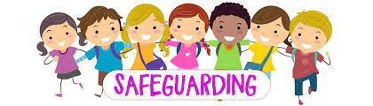 A cartoon image showing seven school children smiling together, arm in arm. The word 'Safeguarding' is seen in purple text below.
