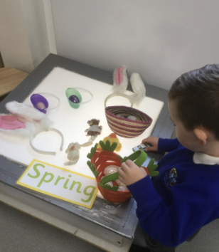 Child looking at a table full of Easter and spring time items