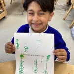 A young boy from Nursery is pictured smiling for the camera, whilst holding up a drawing of a Sunflower that he has created.